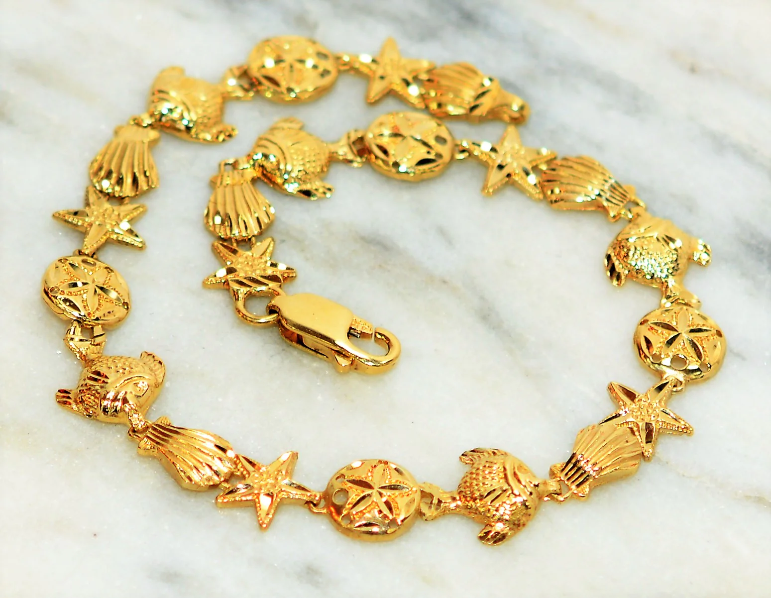 14K Solid Gold Bracelet Beach Bracelet Nautical Bracelet Fish Bracelet Seashell Bracelet Coastal Estate Jewelry Vintage Jewelry Jewellery - Image 7