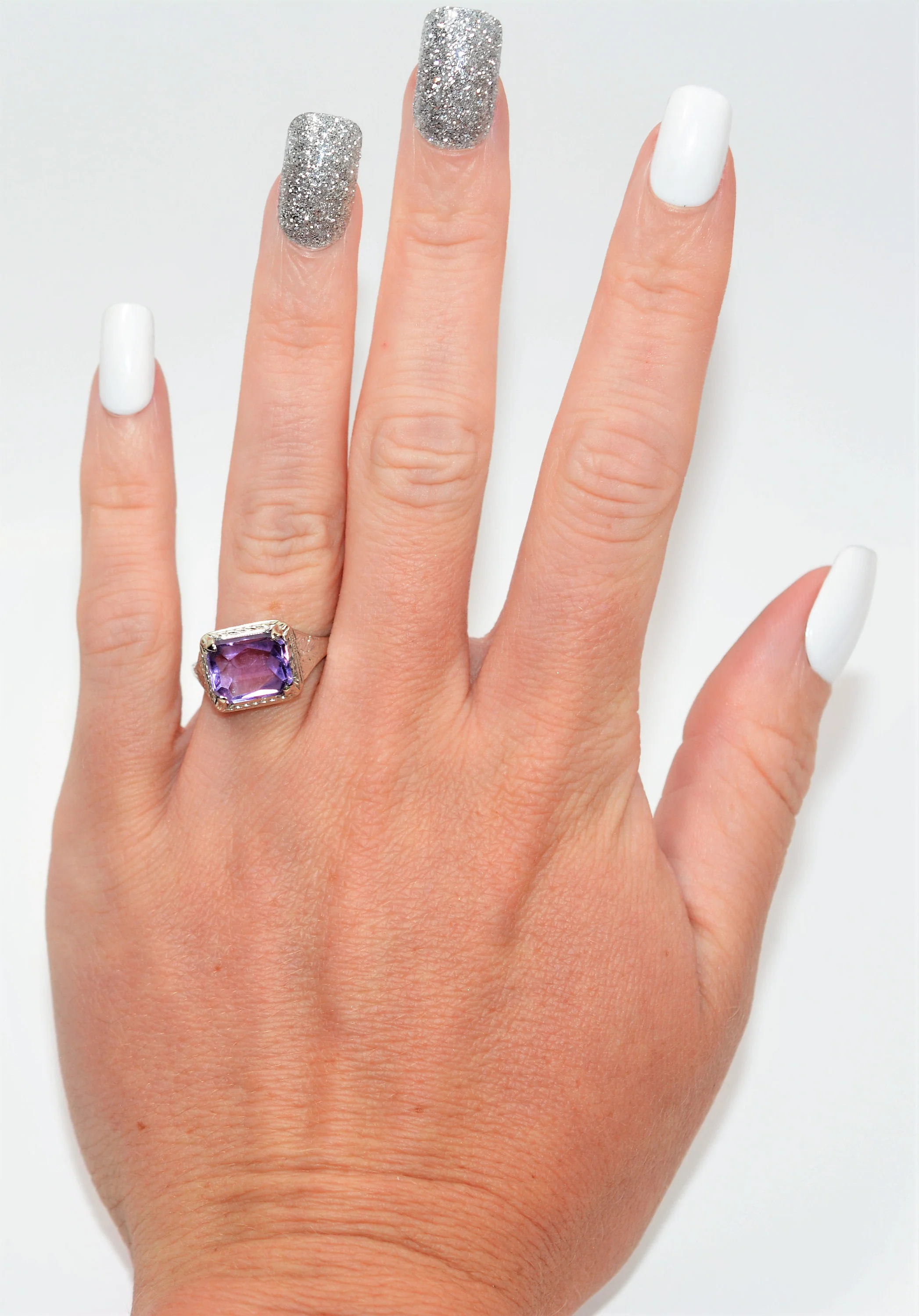 Natural Amethyst Ring 14K Solid White Gold 2.68ct Antique Ring Birthstone Ring Purple Ring Art Deco Ring Solitaire Ring Women’s Ring Estate - Image 2