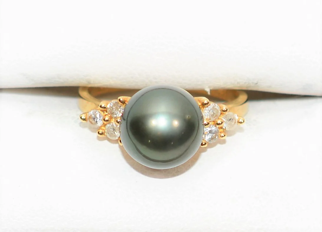 Natural Tahitian Pearl & Diamond Ring 14K Solid Gold .18tcw Black Pearl Ring Gemstone Ring June Birthstone Ring Vintage Ring Women's Ring - Image 5