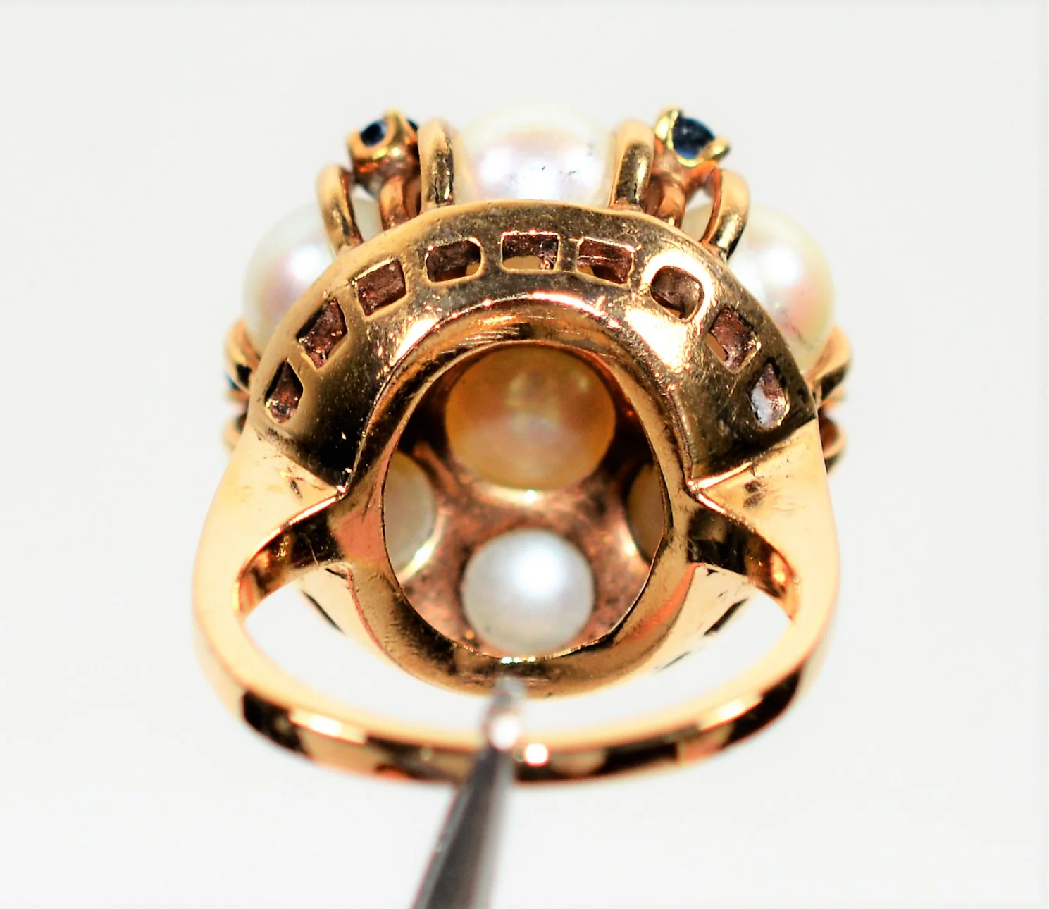 Natural Akoya Pearl & Blue Sapphire Ring 14K Solid Gold .24tcw Antique Ring Cluster Ring Cocktail Ring Statement Ring Fine Vintage Jewellery - Image 7
