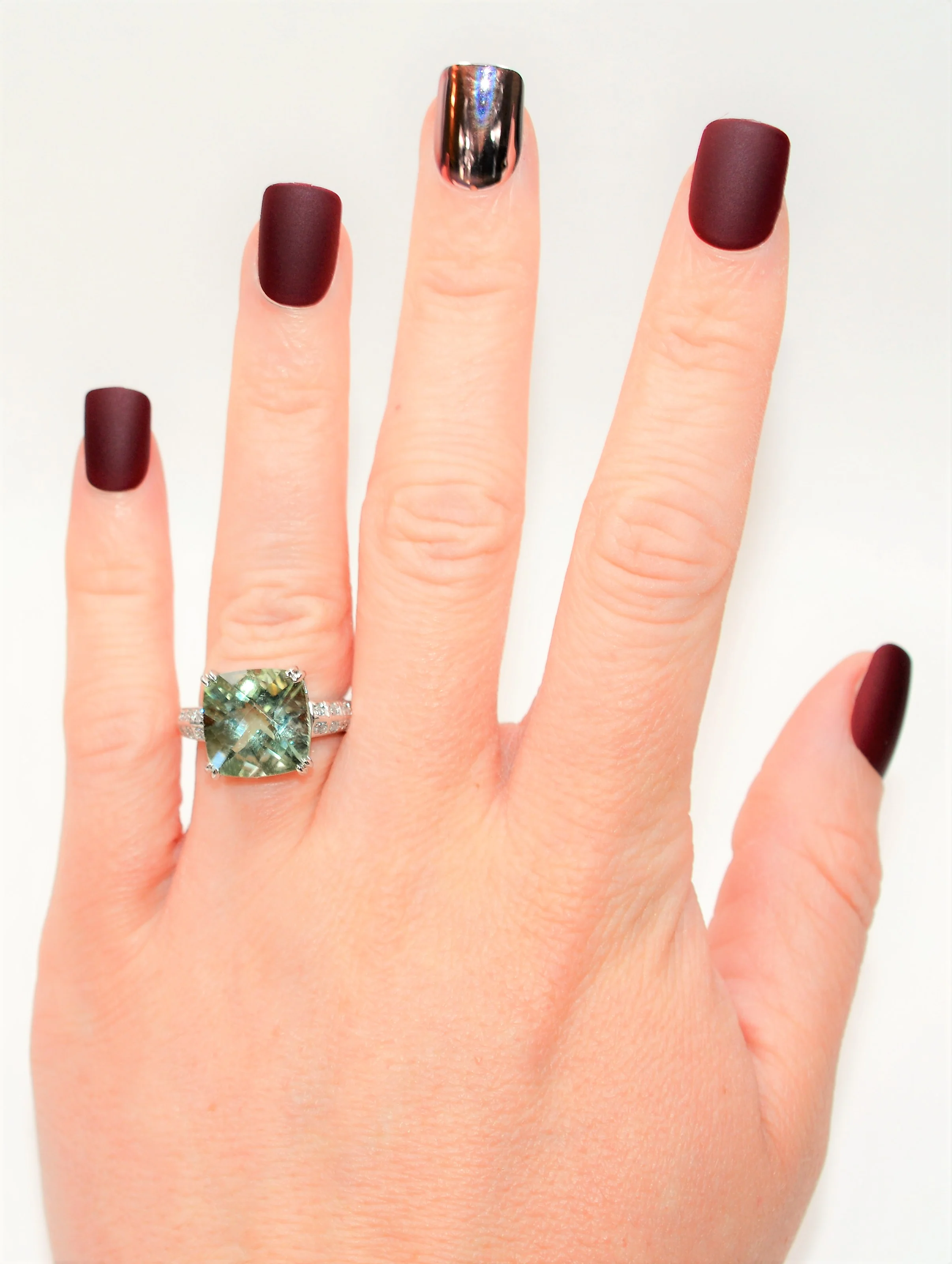 Natural Brazilian Prasiolite & Diamond Ring 14K Solid White Gold 7.29tcw Cocktail Ring Statement Ring Amethyst Ring Green Ring Estate Ring - Image 2