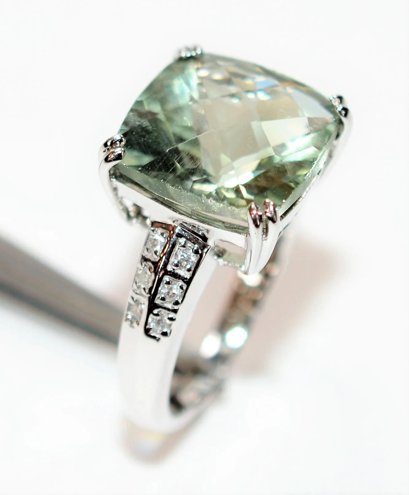 Natural Brazilian Prasiolite & Diamond Ring 14K Solid White Gold 7.29tcw Cocktail Ring Statement Ring Amethyst Ring Green Ring Estate Ring - Image 4