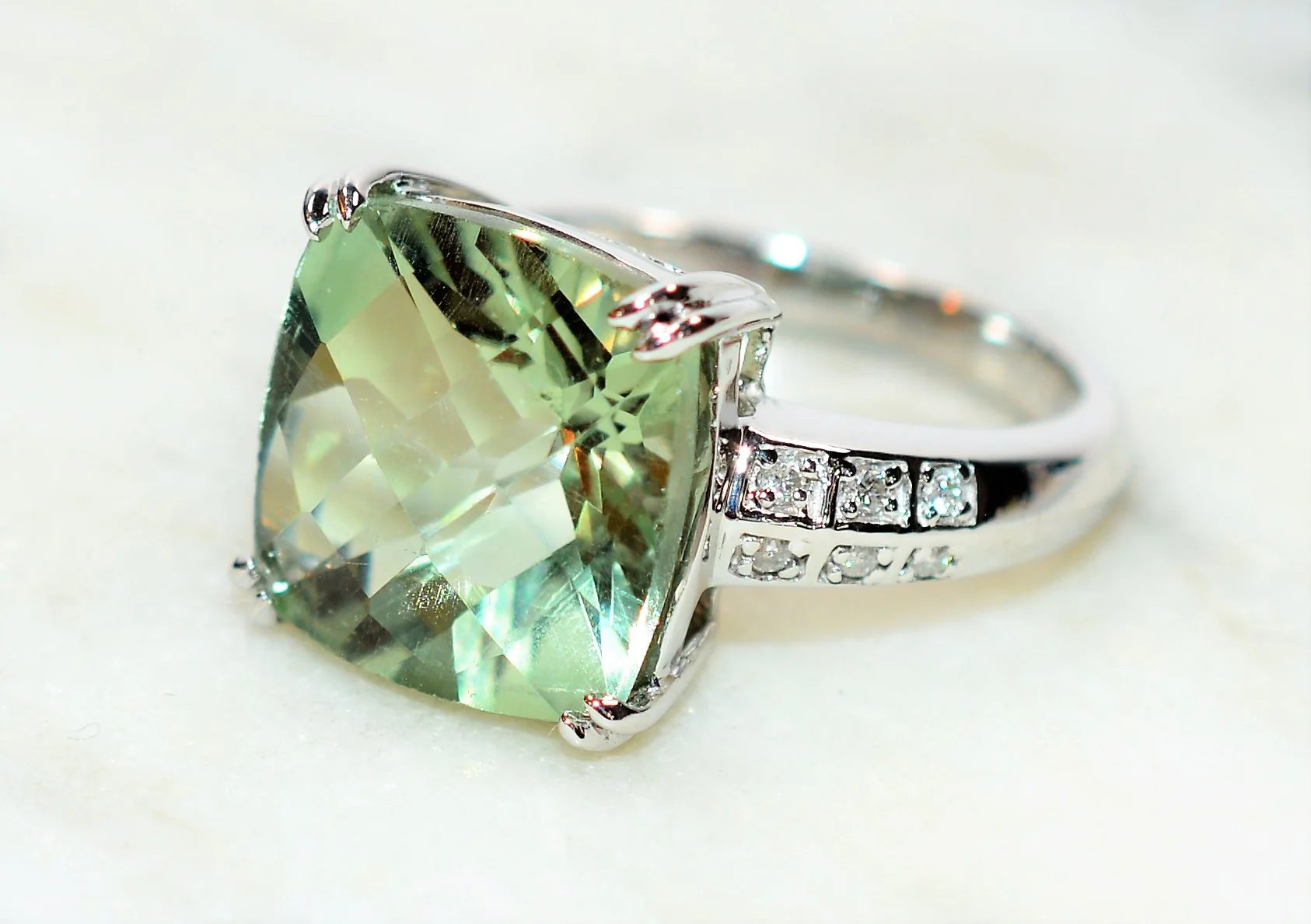Natural Brazilian Prasiolite & Diamond Ring 14K Solid White Gold 7.29tcw Cocktail Ring Statement Ring Amethyst Ring Green Ring Estate Ring - Image 8