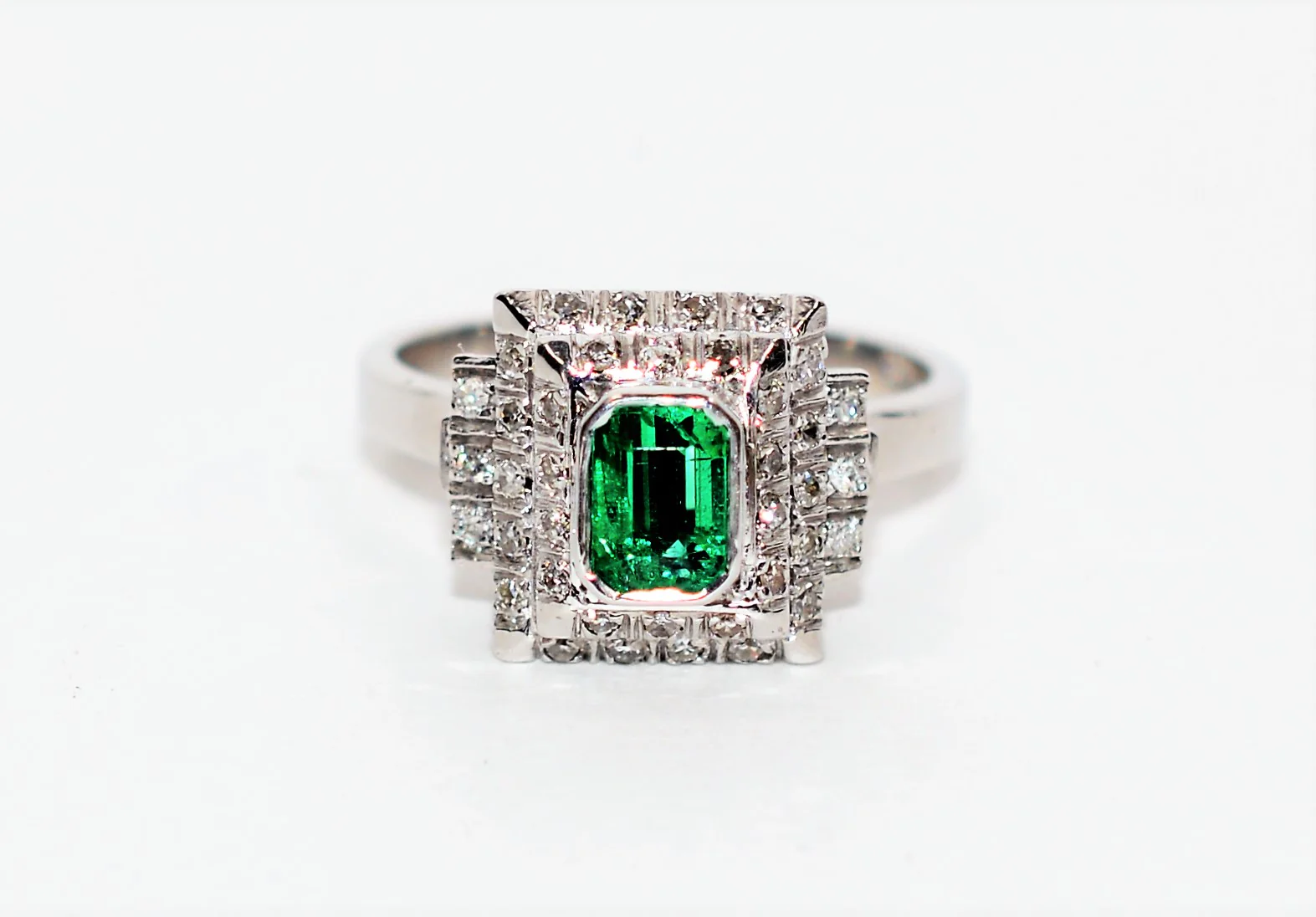 Natural Colombian Emerald & Diamond Ring 18K White Gold 1.23tcw Statement Ring Cocktail Ring May Birthstone Ring Fine Jewelry Women's Ring