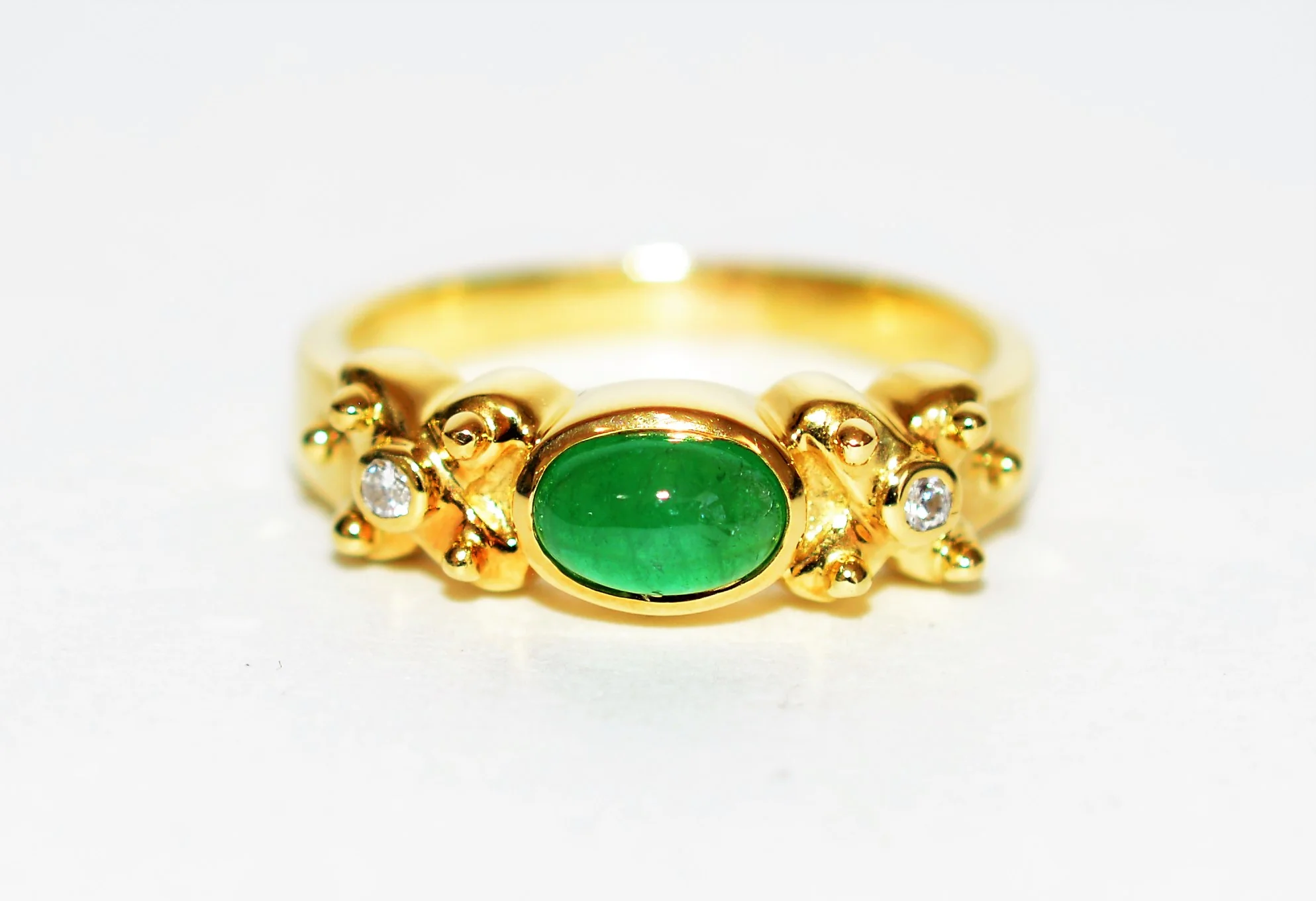 Natural Colombian Emerald & Diamond Ring 18K Solid Gold .61tcw Gemstone Ring Band Ring Stackable Ring Vintage Ring Natural Cabochon Emerald