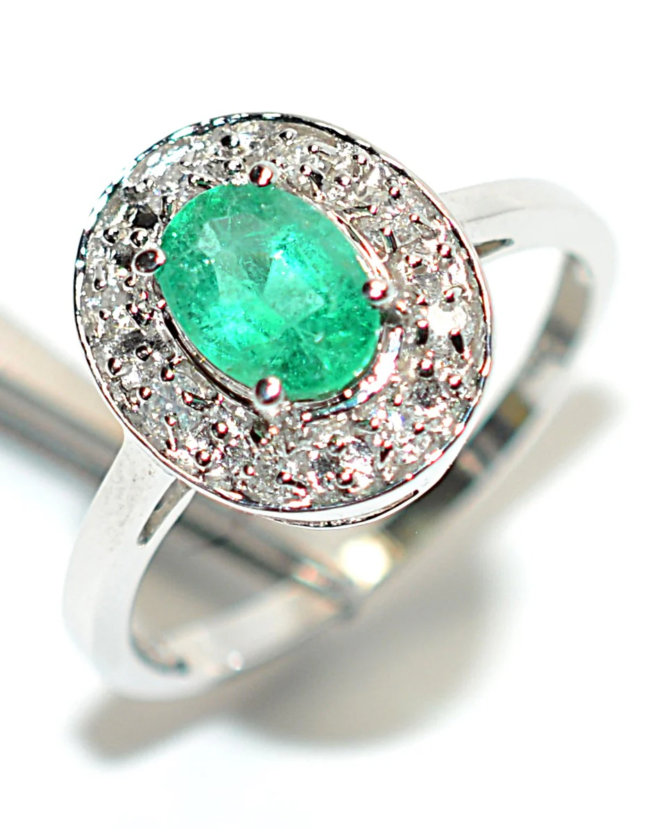 Natural Colombian Emerald & Diamond Ring 14K White Gold .97tcw Halo Engagement Ring Green Gemstone Ring May Birthstone Ring Cocktail Ring - Image 4